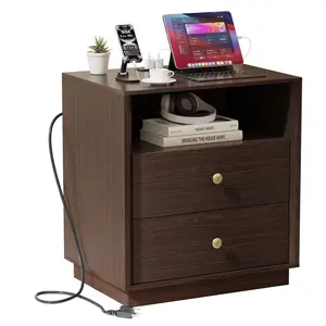 Nightstand with Charging Station, Large Bedside Table with 2 Storage Drawer and Open Wood Shelf, Night Stand for Bedroom, Side Table, End Table