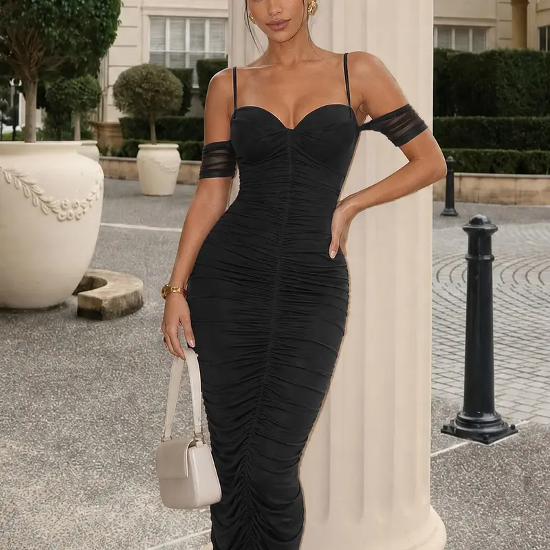 CurvySweet Liora Women's Off-Shoulder Knitting Bodycon Dress - Adjustable Cross-Back Straps, Split Design, Breathable Acrylic-Elastane Fabric, Built-in Shapewear & Bra Support, Sexy Formal/Chic Party Dress for Wedding Guest (574)