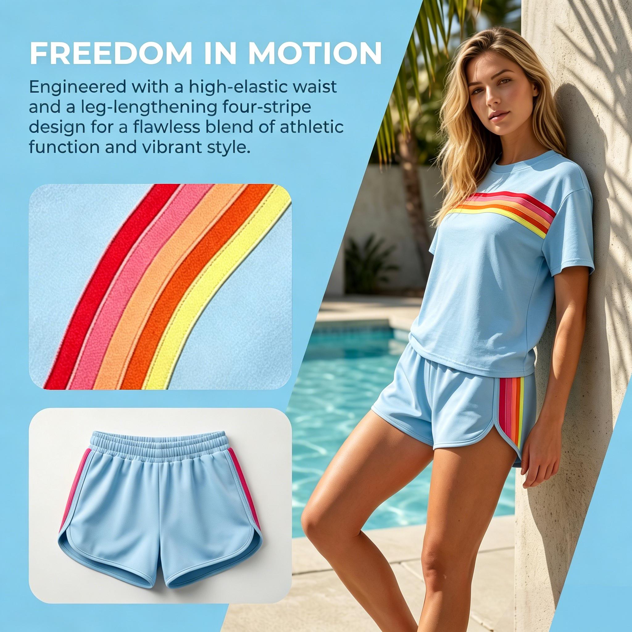 Women's Short 2-Piece Rainbow Strip Outdoor Sportswear Set - Loose Fit Crop Top & Bottoms, Solid Round Neck, Short Sleeves, Lightweight Breathable Blend Clothing, Baby Blue, Baseball Use, Light Spandex Women's Clothes tiktokshopspringglowup, 2 Piece Sets, Women's Short 2-Piece Rainbow Strip Outdoor Sportswear Set - Loose Fit Crop Top & Bottoms, Solid Round Neck, Short Sleeves, Lightweight Breathable Blend Clothing, Baby Blue, Baseball Use, Light Spandex Women's Clothes tiktokshopspringglowup, 2 Piece Sets,