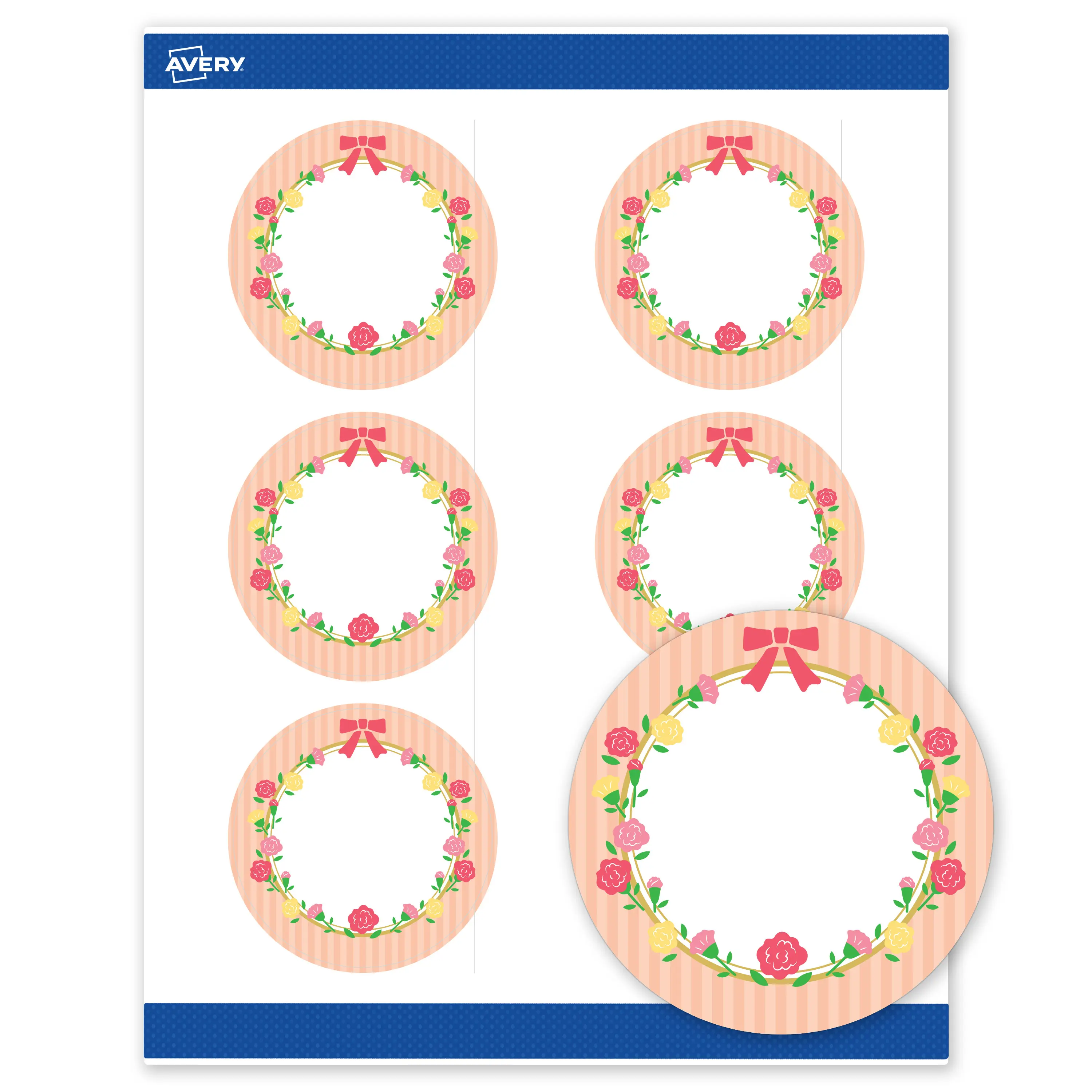 Avery® Printable Round Labels, 3" Diameter, Matte White, Sure Feed® Technology, Pre-printed Gold Frame, Ribbon, Roses & Stripes Design Great for Weddings, Laser & Inkjet Compatible, 120 Total