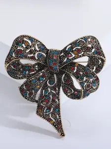 Vintage Palace Style Rhinestone Bow Brooch Pin, Antique Copper Embellished Hollow Out, Elegant Coat Accessory, Artistic Ballgown Clip