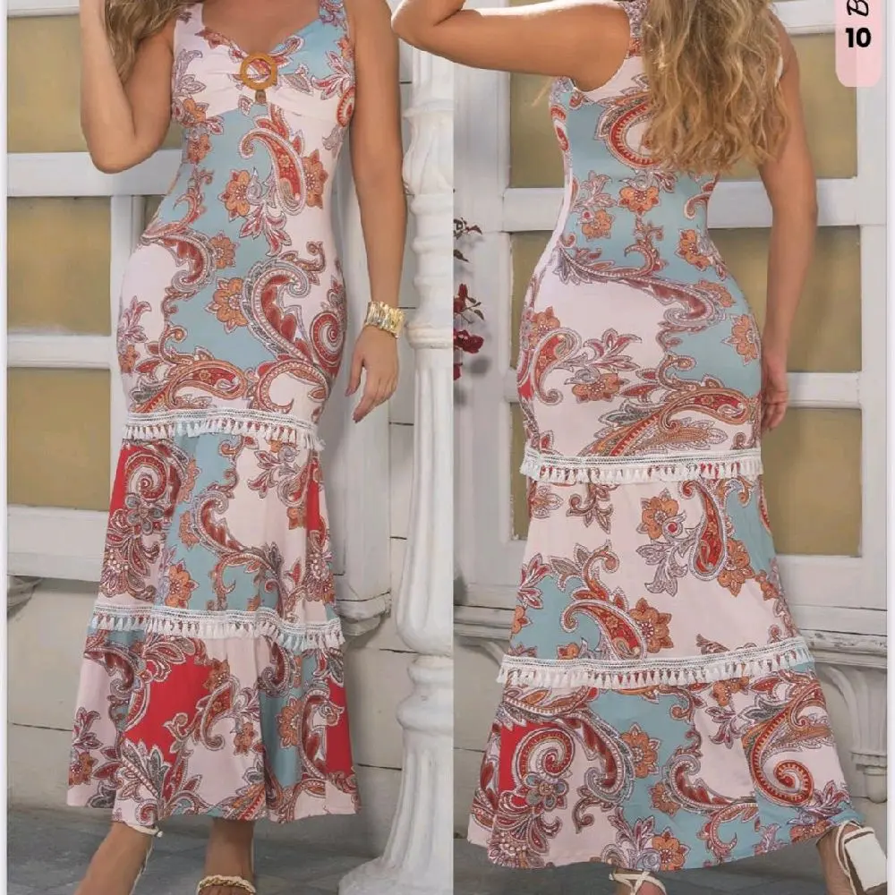 984 B'violet Vestido - Elegant Paisley Print Maxi Dress with Tassel Trim for Women