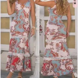984 B'violet Vestido - Elegant Paisley Print Maxi Dress with Tassel Trim for Women