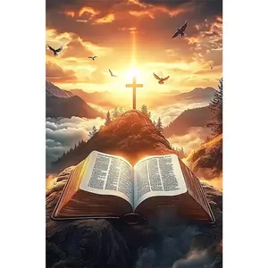 1PCS Christian Diamond Painting Kit Bible Verse Cross on Mountain Sunset Religious DIY Craft for Home De