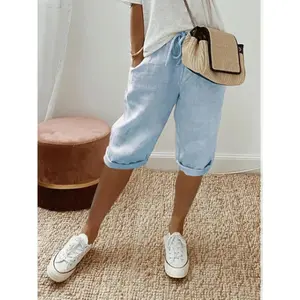 Summer Middle Pants Women's Solid Color Pocket Elastic Shorts Casual Sports Shorts Cotton Beach Shorts Womenswear Bottom