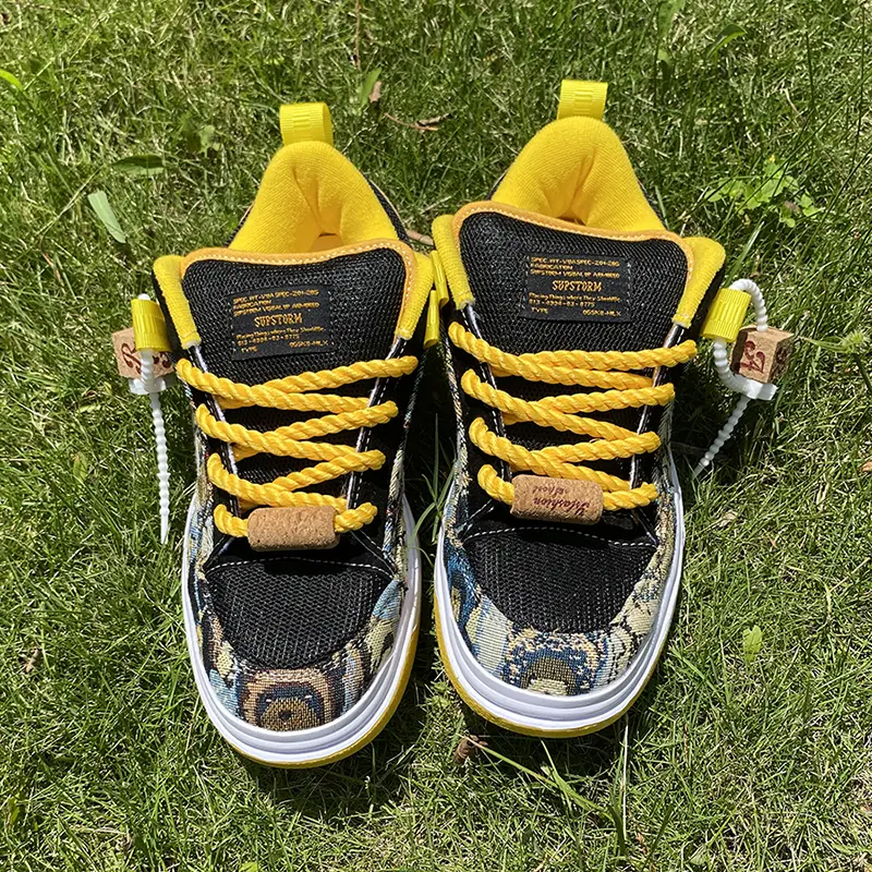 Black and yellow contrasting splicing trendy shoes couple shoes men's shoes coarse hemp rope shoelaces retro ethnic style thick soled breathable skateboard shoes Casual Sneaker