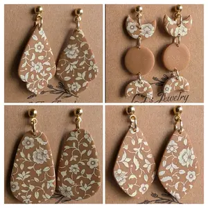 Light Brown Clay Earrings - Gold Posts Hypoallergenic Floral Print