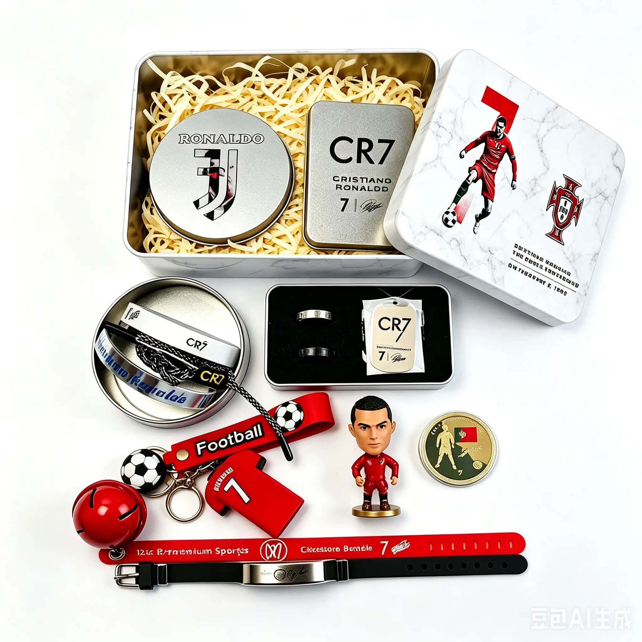 Cristiano CR7 No.7 Premier League Football Fan Gift Set - 12Pcs Premium Collectibles Bundle for Collectors, Including Wearable Rings, Keychain, Silicone Wristbands, Mini Figure, Commemorative Coin (Unisex)
