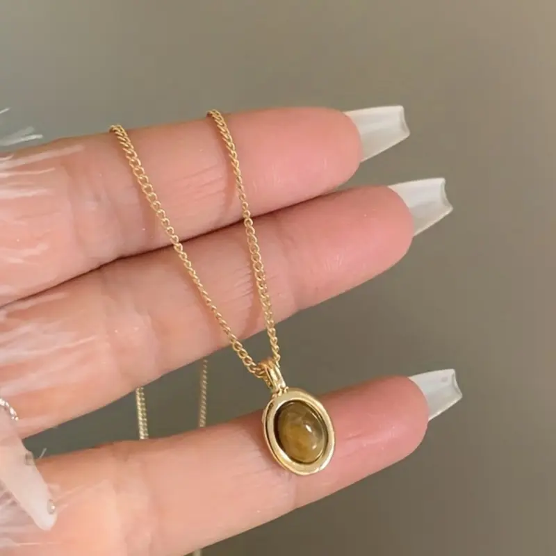Elegant Agate Tiger Eye Stone Pendant Design Necklace, Unique Simple Women's Jewelry, Casual Daily Wear, All Seasons