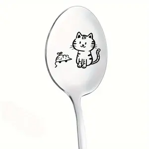 Cat & Mouse Pattern Stainless Steel Spoon, 1 Set Engraved Dessert Spoon, Home Kitchen Supplies