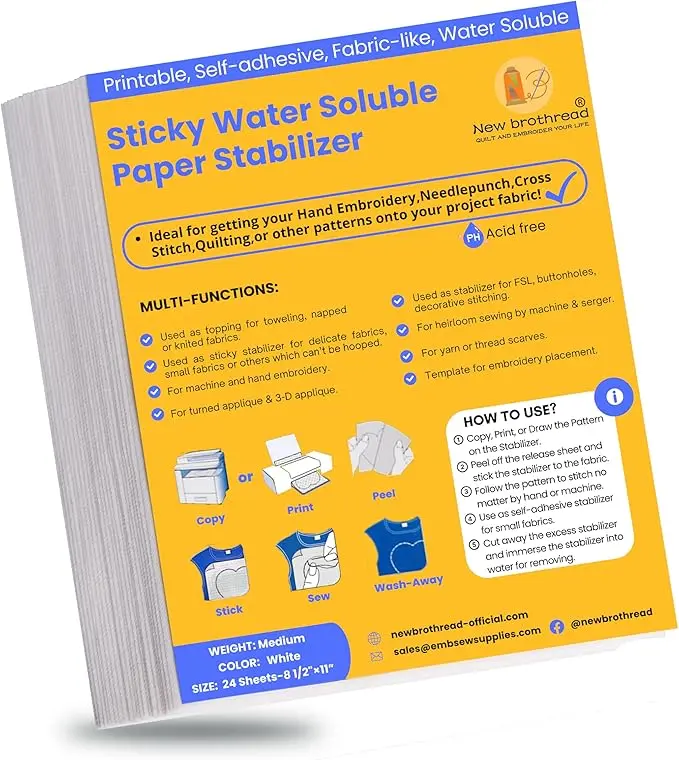 New Brothread 8.5"x11" Sticky Water Soluble Printable Paper Stabilizer - Medium Weight, For Design Printing/Drawing, Embroidery Craft, Hand & Machine Use