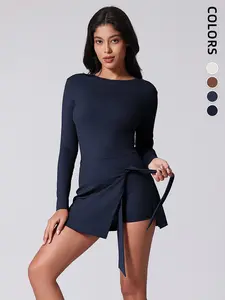 Women's Sporty Long Sleeve Yoga Dress, High Waist, Built-in Bra, Anti-Slip Lining, Knitted Fabric, Ideal for Fitness, Running, Tennis, Yoga, Workout Athletic Dresses