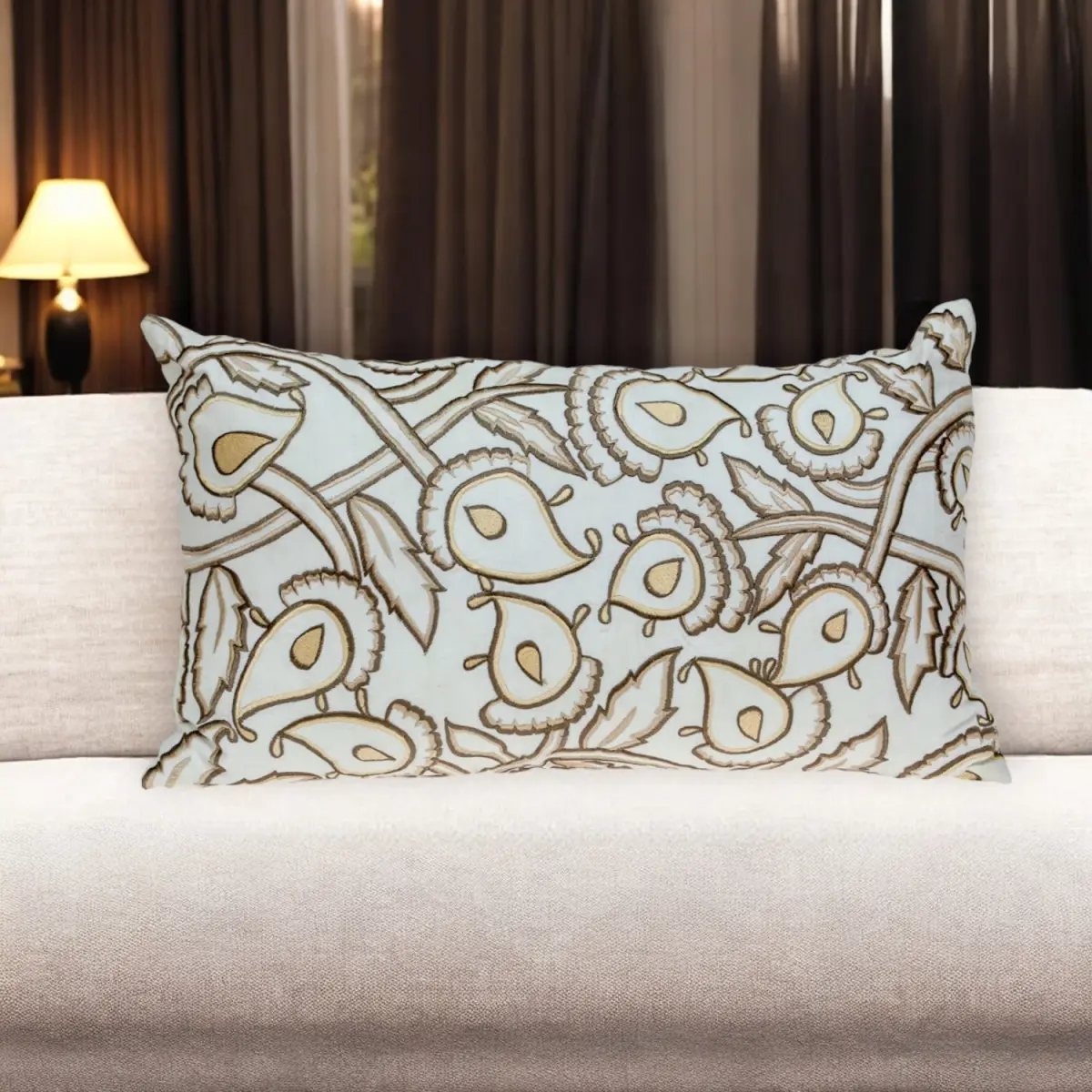 360 stand 14x24 in. Brown & White Cotton Lumbar Throw Pillow, Decorative Embroidered Cushions (Model 529253), Decorative Cushions