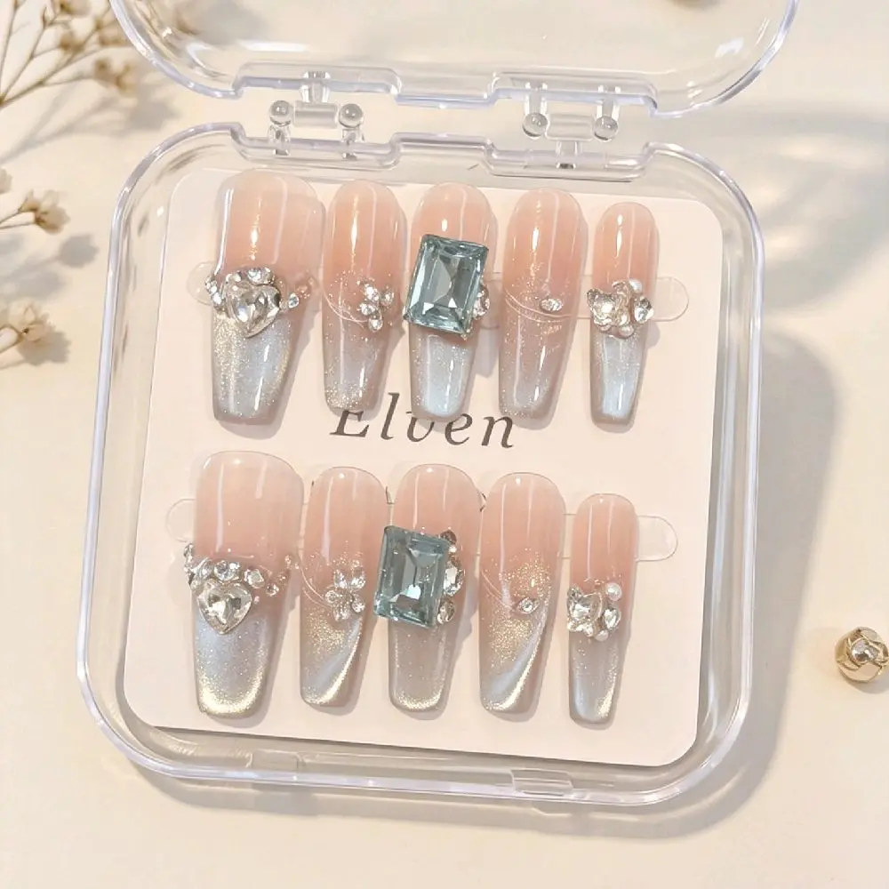 Handmade Nude Pink to Silver Cat Eye Press On Nails - Ombre with Blue & Heart Rhinestone Decor, Long Coffin Reusable Fake Nails, Salon Quality