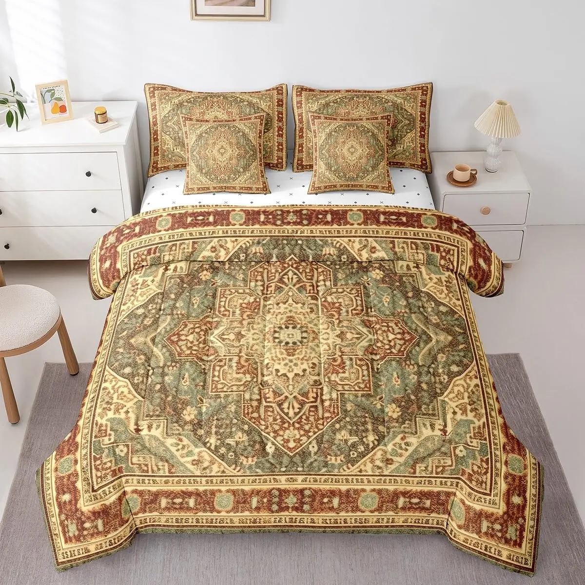 Feelyou 7-Piece Vintage Terracotta Art Deco Bohemian Bed-in-a-Bag Bedding Set with Oriental Medallion Bed Comforter, Bed Comforter Set