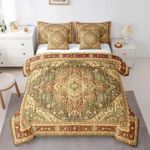 Vintage Bed in a Bag,Terracotta Art Deco Bedding 7pcs,Retro Bohemian Comforter Set,Oriental Medallion Bedding Comforter Sets