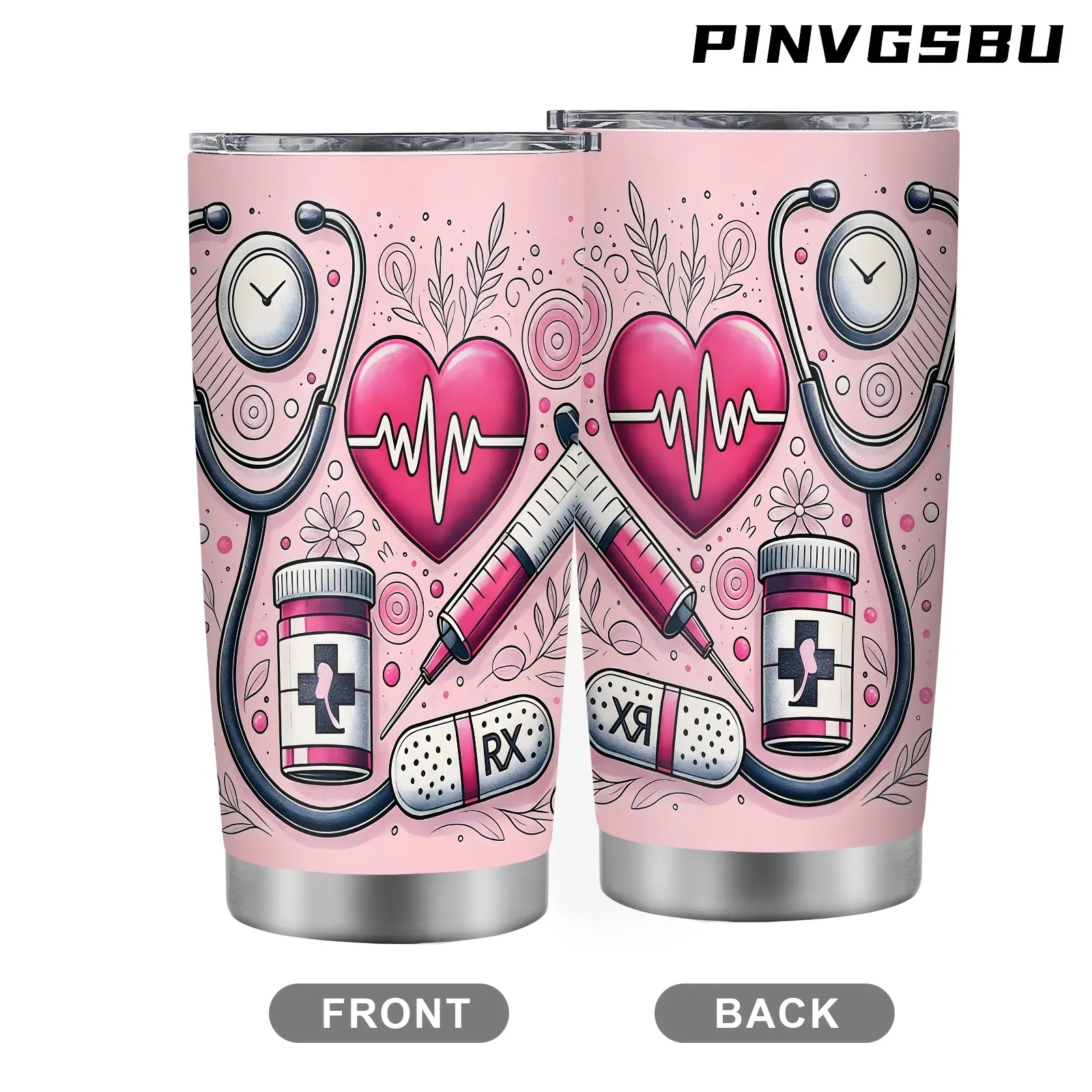 20 oz Insulated Stainless Steel Vacuum Flask Tumbler - Anti-Leak, Leak-Free, Stylish Pink Nurse Cup with Medical Stethoscope & Heartbeat Design, Lid, Portable On-the-Go Drinkware for Women’s Healthcare Professionals (Gift Option), Insulation, Anti-Leak Va