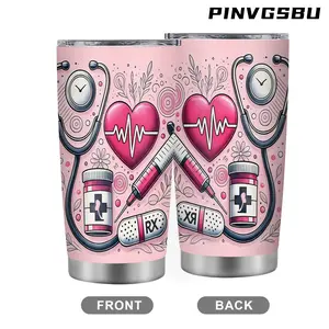 20 oz Stylish Stainless Steel Insulated Flask Tumbler Water Bottle, Portable Pink Nurse Cup with Medical Stethoscope & Heartbeat Design, Lid, On-the-Go Drinkware for Women’s Healthcare Professionals (Gift Option), Water Bottles