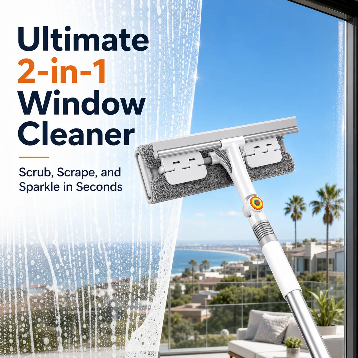 2-in-1 Rotatable Glass Cleaner Squeegee Combo with Pole, Household Window Cleaning Tool for Bathroom Shower, Car