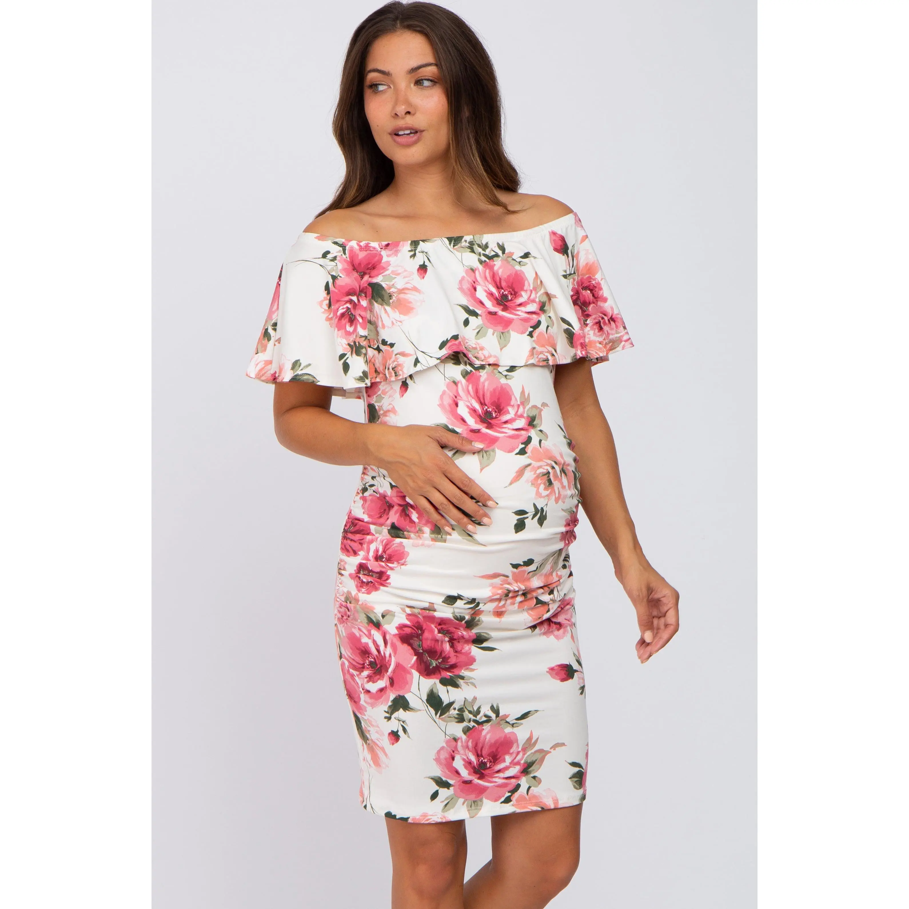 Cream Floral Off Shoulder Maternity Fitted Dress - TikTok Shop