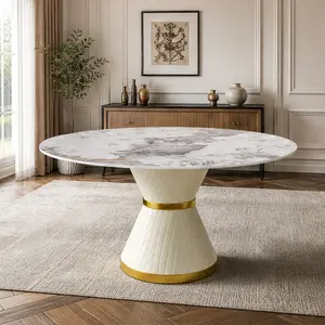 59.05" Modern Round Dining Table for 6-8 People, White Sintered Stone Top, Black Carbon Steel Base, Easy-Clean Heat-Resistant Fireproof Scratchproof, Recyclable Indoor Furniture for Dining Room Kitchen, Round Dining Tables, Recyclable Dining Tables