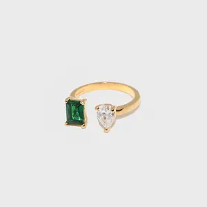 Dalbit New York Emerald Stone Point Open Ring - CZ Stone Daily Wear Ring for Women