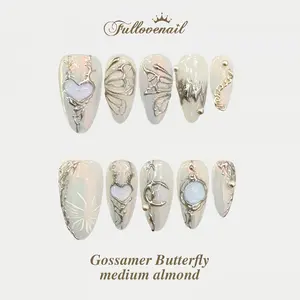 Fullovenail Almond Shape  Chrome Heart Hand Painting Butterfly  Press on Nail