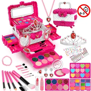 Kids Makeup Set Drawer Storage Box, Portable Role Play Toy, Kids Vanity, 56-Piece Kit Includes Powder Puff Lipstick Eyeshadow Brush Crown Necklace Earrings Gift Idea
