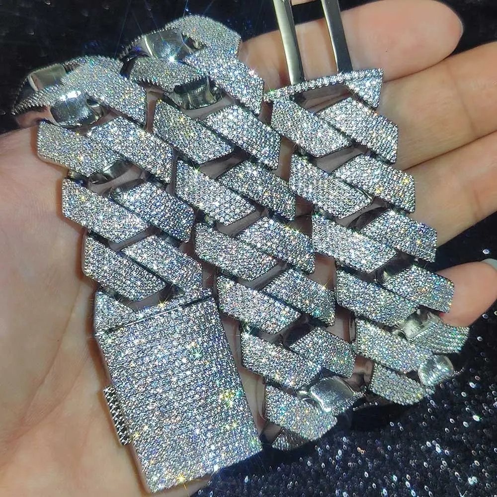 GRA Moissanite 25mm Wide 6Rows 925 Solid Silver Cuban link chain for Rapper Hip Hop VVS Iced Out Necklace