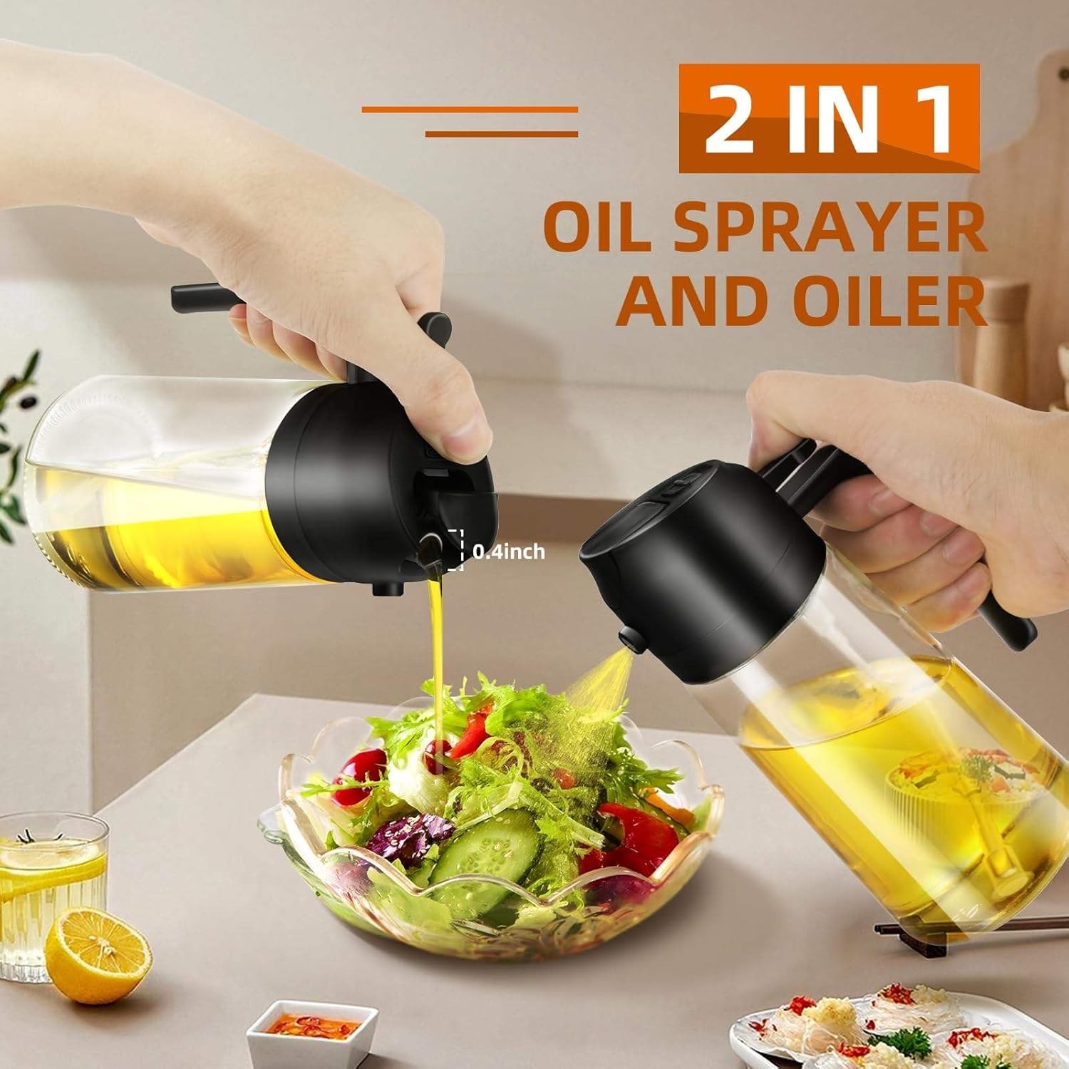 2-Pack 2-in-1 Glass Oil Bottle & Sprayer Flask Set, 16OZ 470ml Leak-Proof Auto Nozzle Utensils with 50-400ml Scale, Precise Measurement, Spray Type for Camping, Kitchen Cooking