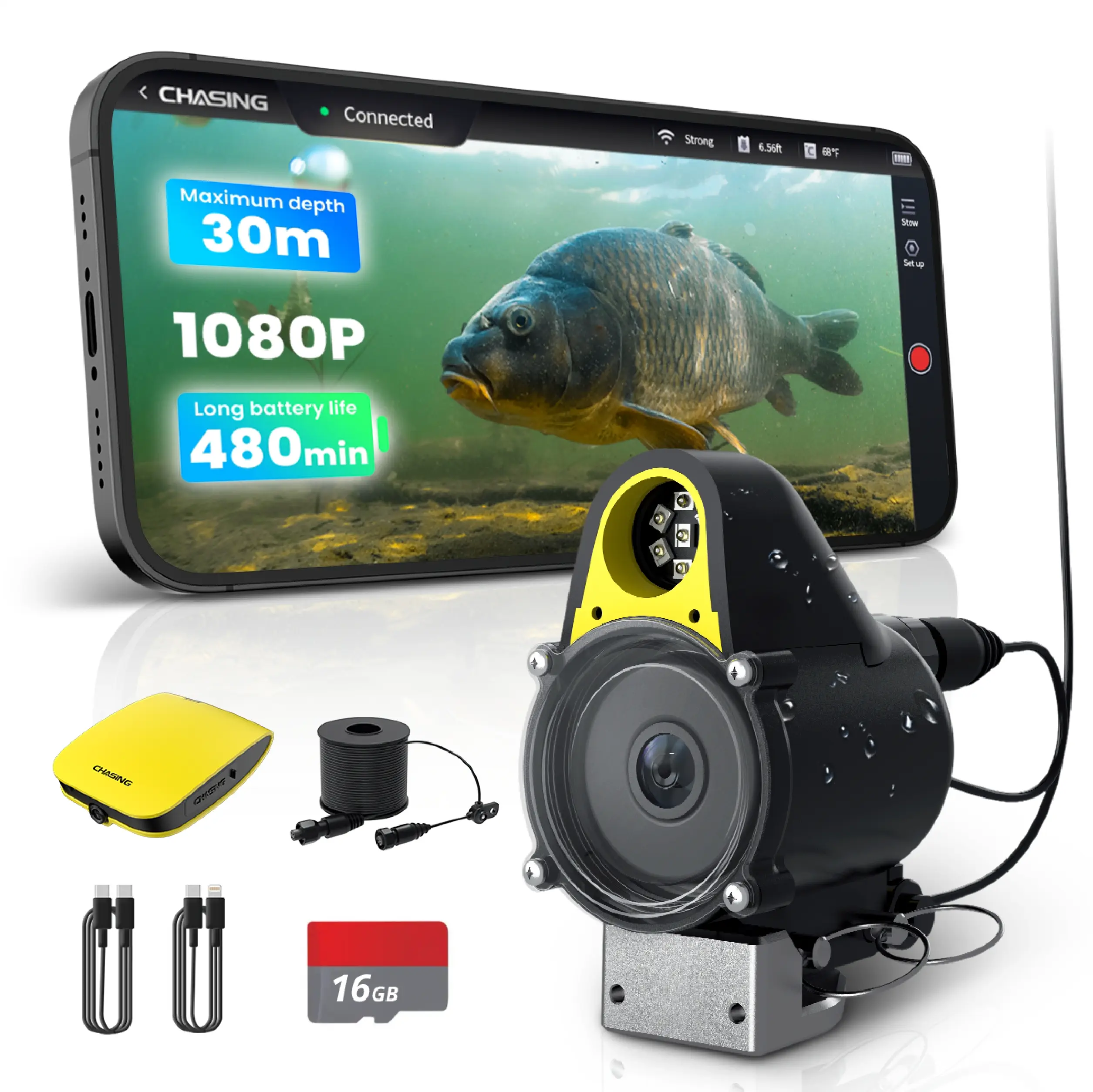 Portable Video Fish Finder with 1080P HD Underwater Fishing Camera, Wireless App Control, Live Streaming, AI Alert, 12V Lithium Battery, Infrared Lights, Cables, Global Repeater for Fishing Enthusiasts