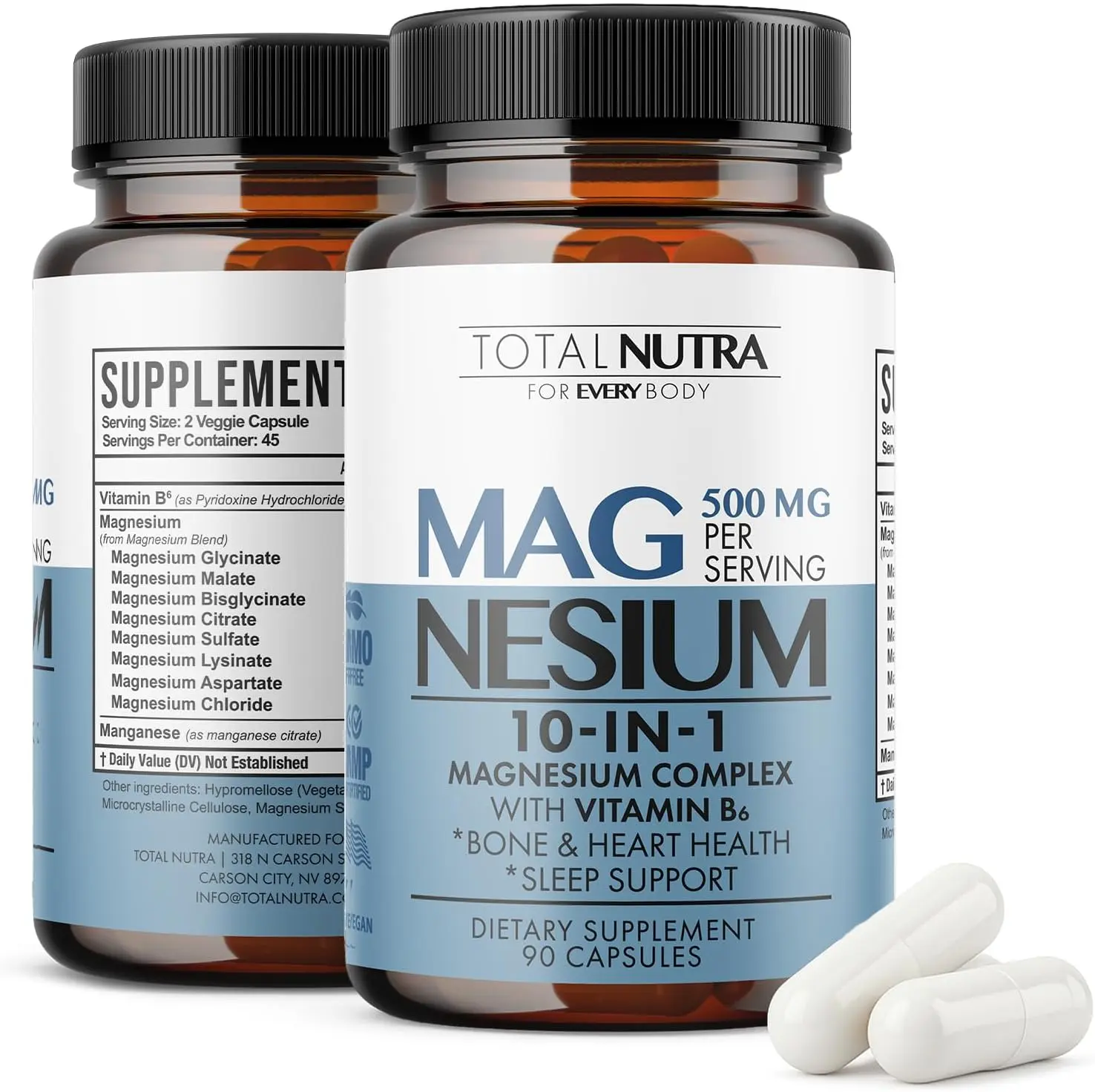 Magnesium Supplements for Men & Women 500 mg High Absorption 10 in 1 Complete Magnesium Complex for Sleep, Muscle, Bone, Heart Health with Mag Glycinate, Citrate, Vitamin B6, Vegan & GF, 45 Day Supply