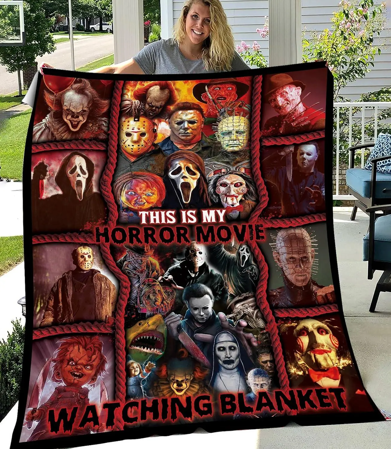 Classic horror movie villains collage flannel throw blanket with Pennywise,  "This Is My Horror Movie Watching Blanket", soft warm plush blanket for movie night, Halloween home decor and gift for horror film fans