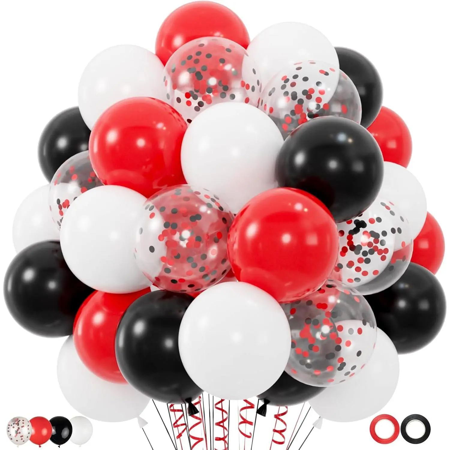 100 count Red and Black Balloons, 12inch Red and White With Confetti Balloons for Class of 2026 Graduation, Birthday Decorations,  Shower, , Race  Party Supplies (2 Ribbons)
