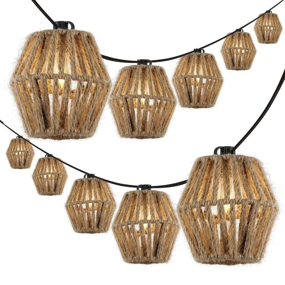 JONATHAN Y Samara 10-Light Indoor/Outdoor 10ft Mid-Century Classic Incandescent C7 Lantern Hemp Rope Shaded Decorative String Lights, Easy-to-Hang with Holiday Lighting Clips, Zip Ties, Suction Cups, All-Year Use for Balcony, Living Room, Room Decor