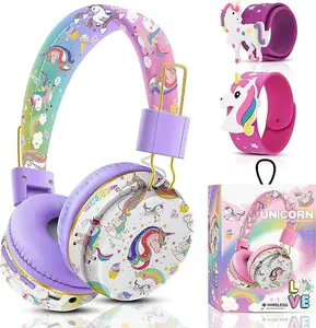 Kids Unicorn Bluetooth Headphones – Wireless with Mic, 3.5mm Jack, Adjustable, Purple