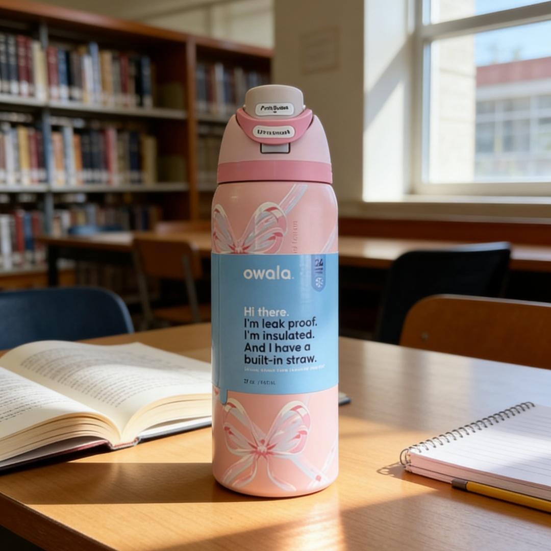 Owala FreeSip 32oz Pink White Bow Insulated Bottle - Sweet Girly Style, Portable & Leak-Proof for Student Campus Use