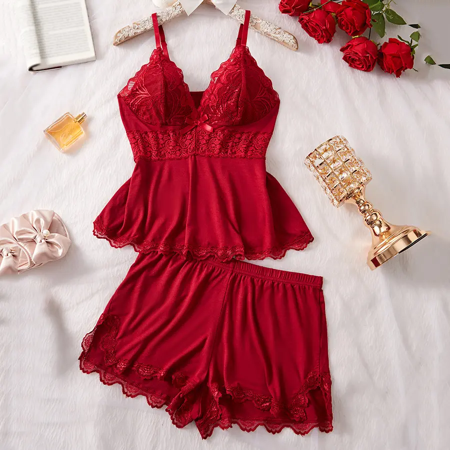 Women's Minimalist Basic 2-Piece Plain Lace Patchwork Breathable Fitted Sleeveless Lingerie Cami & Shorts PJ Set, Adjustable Spaghetti Straps, Elastic Waist, All-Season Sleepwear, Lace Bra And Panty Set, Pj Sets For Women