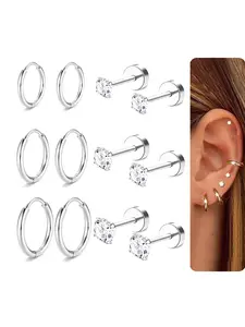 20 Gauge Cartilage Earrings for Women Flat Back CZ Stud Earring 316L Hypoallergenic Stainless Steel Stack Hoop Earring Set Daith Conch Tragus Helix Piercing Jewelry Earring Stacking Set