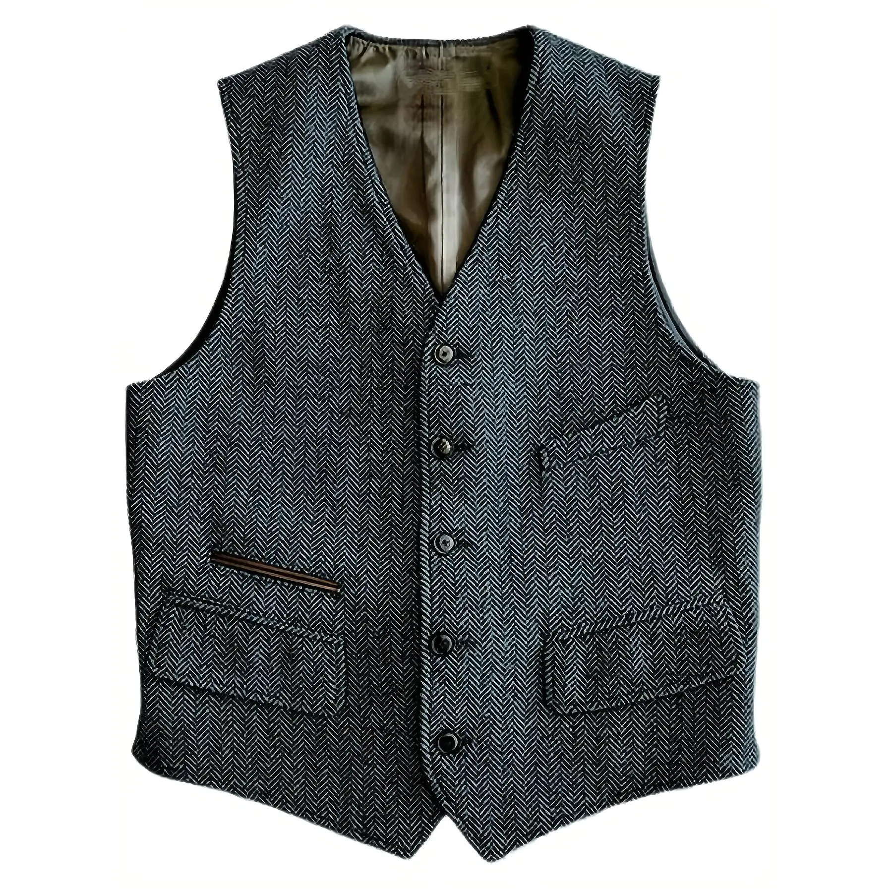 [Vintage Herringbone Vest] Dark Gray Wool Blend Men's Vintage Herringbone Pattern Suit Vest - V-Neck, Front Button Design with Chest Pockets, Classic Vest Design, Neatly Tailored Vest for Spring/Fall, Spring Autumn Attire