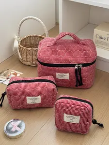 3pcs  Quilted heart-shaped checkered makeup bag, Korean style large capacity storage bag, classic, niche, fashionable, versatile, suitable for women's commuting, business trips, and travel makeup bags, Makeup Bag Set, Travel Cosmetic Bags