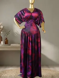 QFAF Women's Tie-Dye Print V-Neck Batwing Short Sleeve Maxi Dress, Elegant Fit Dress, Autumn Winter Birthday Party Vacation Formal Evening Gown, Sexy Evening Dress, Pleated A-line Floor Length Dresses
