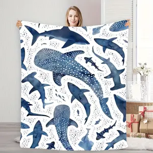 Ocean Blue Whale Shark Theme Flannel Blanket, Suitable for Home Use with Soft and Comfortable Design, Home Decoration, Machine Washable, Vibrant Digital Print
