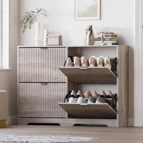 Black Modern Fluted Shoe Cabinet - 4 Flip Drawers with Adjustable Shelves, Freestanding Narrow Hidden Shoe Storage Organizer Racks, Organiser for Entryway Hallway Apartment Stuff, Small Room Storage Organization Products