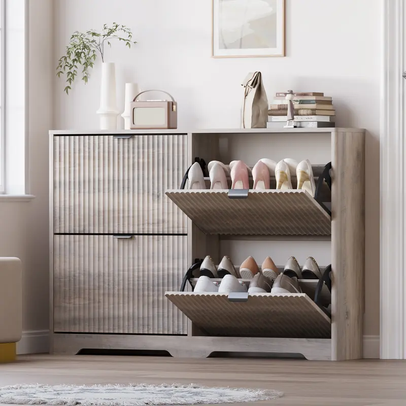 Black Modern Fluted Shoe Cabinet - 4 Flip Drawers with Adjustable Shelves, Freestanding Narrow Hidden Shoe Storage Organizer Racks, Organiser for Entryway Hallway Apartment Stuff, Small Room Storage Organization Products