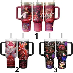Helluva Boss and Hazbin Hotel Lucifer 40oz Tumbler Anime Bow Cup with Handle Lover Insulated Travel Mug Gift For Her