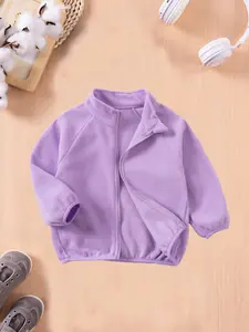 Autumn and winter girls' fashion solid color coat casual long-sleeved zip-up top infant fleece jacket with small stand-up collar unisex children's clothing suitable for outdoor wear Warm Jacket Zip Up Coats