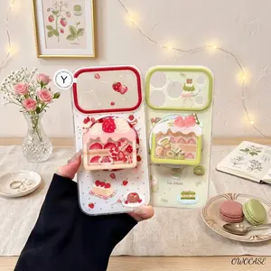 Cute Strawberry Cake Phone Case with Shaker Grip Kawaii Matcha Dessert Cover with Stand Holder Aesthetic Case for iPhone Gift for Her Women Girls