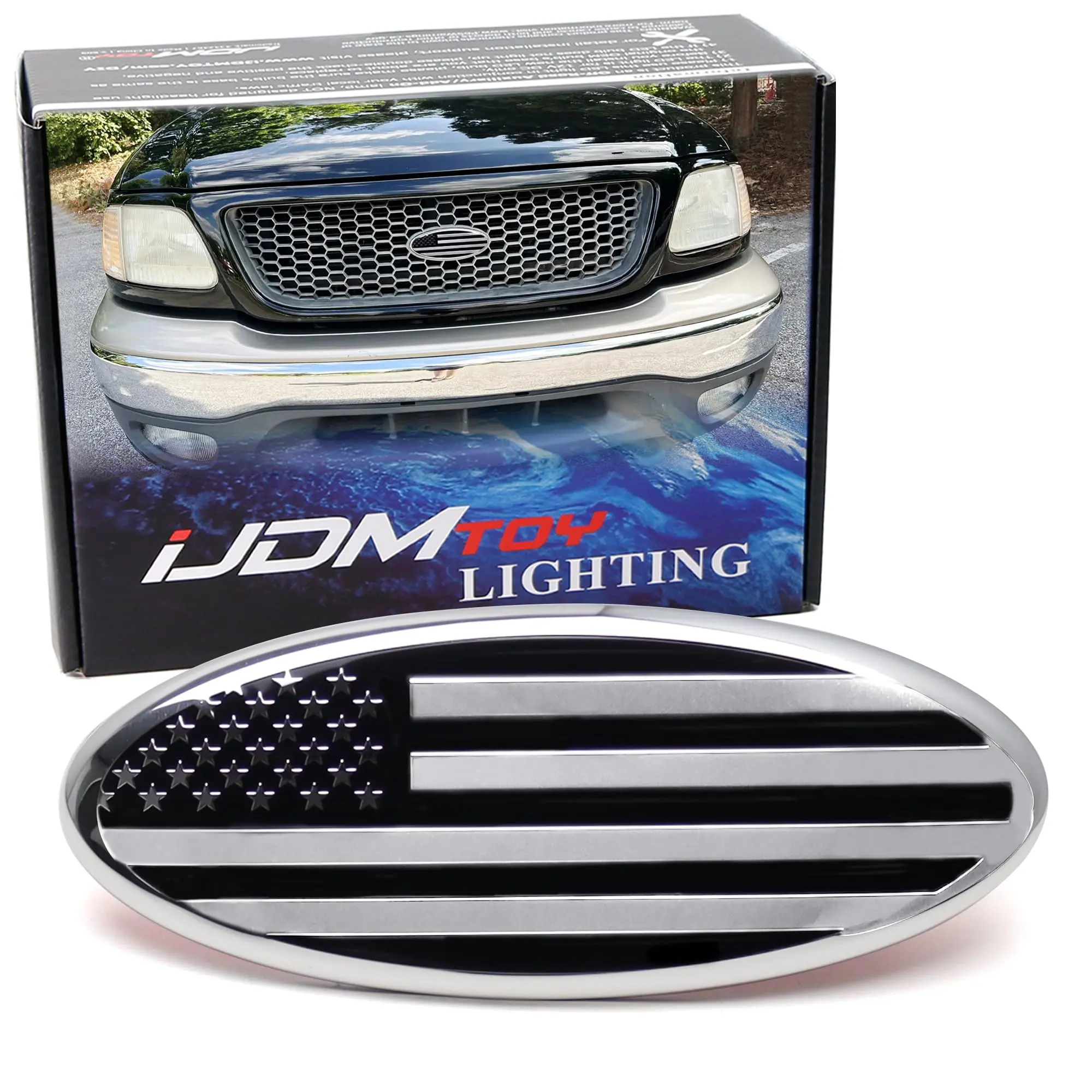 iJDMTOY 7-Inch Black/Chrome US Flag Design Front Grille Oval Emblem Badge For Ford 2004-10 Explorer 2003-06 Expedition 2007-14 Edge 2007-12 Fusion 2008-15 Escape 1999-04 F150 F250