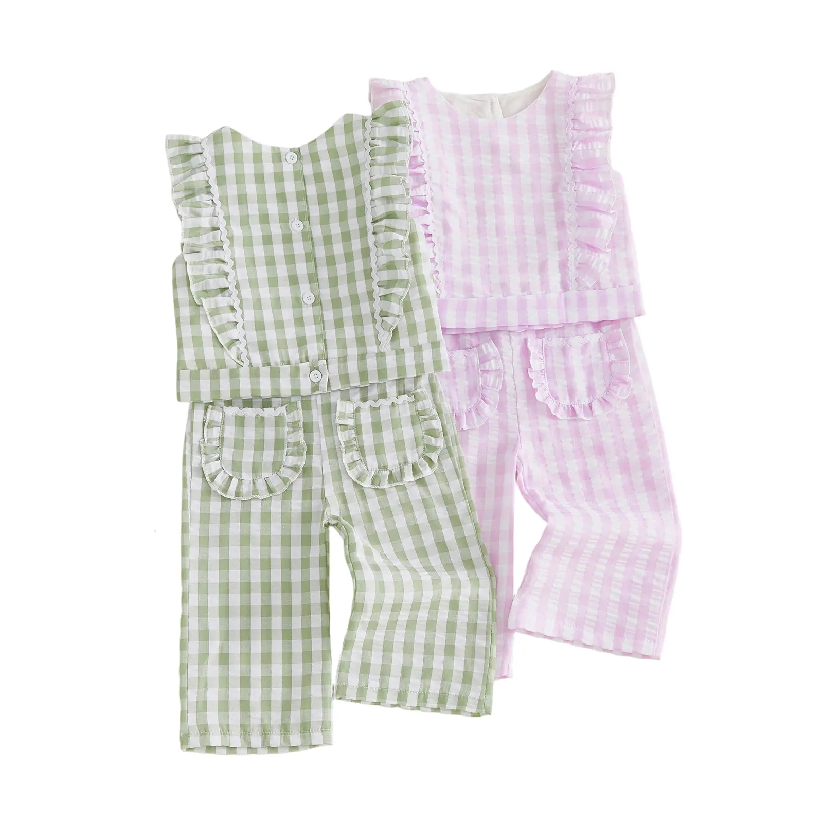 Toddler Baby Little Girl Gingham Pants Set Ruffled Trim Sleeveless Tops and Plaid Wide Leg Pants 2 Pcs Outfits 1-5 Years